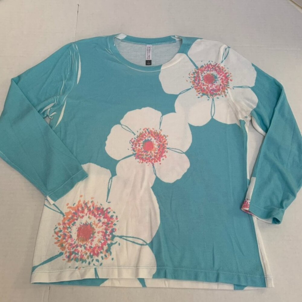 Whimsey Roses Womens Size Large Light Blue/ FLoral Print Sweater Shirt